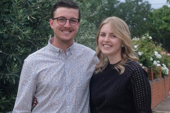 Sasha Anthony, 25, and Dakota Bastow, 24, outside their home in Altona.