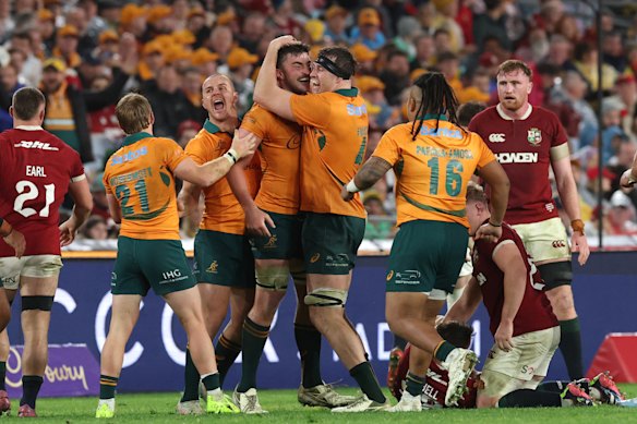 The Wallabies celebrate victory over the Lions in the third Test in a real moment of hope for long-suffering fans.