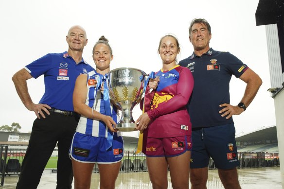 North’s Emma Kearney and coach Darren Crocker with Brisbane’s Bre Koenen and coach Craig Starcevich on Saturday.