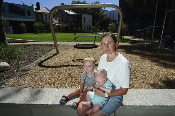 Priscilla Brown with sons Fletcher and Watson at Cambridge Street Reserve, Collingwood.