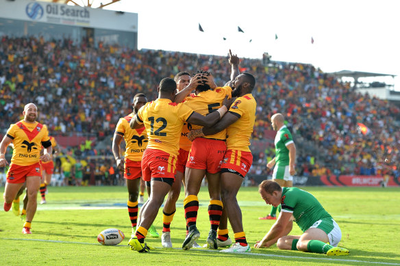 Papua New Guinea celebrate a try in their victory over Ireland in Port Moresby at the 2017 Rugby League World Cup. The local fans may soon have much more to celebrate.