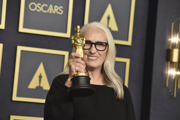 Jane Campion poses with the Oscar for best director for The Power of the Dog.