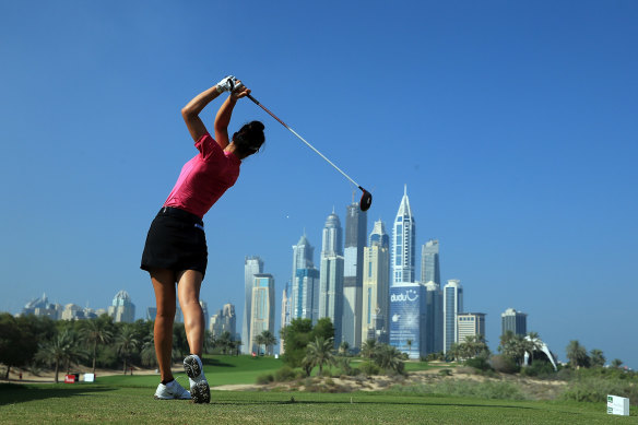 Michelle Wie tees off in Dubai in 2012.