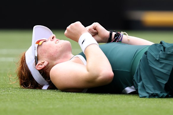 Maya Joint celebrates her win in the lead-up to Wimbledon.