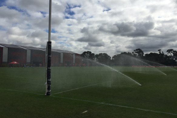 Essendon turned on the sprinklers at training to prepare for conditions in Adelaide on Sunday.
