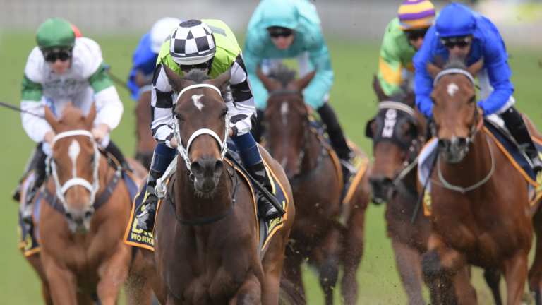 Going places: Hugh Bowman punches Unforgotten clear in the Chelmsford Stakes.