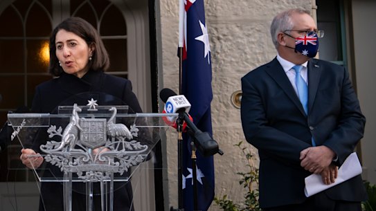 Prime Minister Scott Morrison, Premier Gladys Berejiklian and NSW Treasurer Dominic Perrottet announce a lockdown support package.