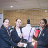 Year 12 Santa Sabina College students Lucia Juarez, left, Lucy Gee, centre, and Rochelle Dias are part of a group running their own op shop.