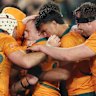 SYDNEY, AUSTRALIA - AUGUST 02: Max Jorgensen of the Wallabies celebrates after scoring a try during the third test of the series between Australia Wallabies and British & Irish Lions at Accor Stadium on August 02, 2025 in Sydney, Australia. (Photo by Mark Metcalfe/Getty Images)