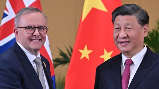 Prime Minister Anthony Albanese, who will meet the Chinese president in coming days, with Xi Jinping at the G20 summit in Bali last year. 
