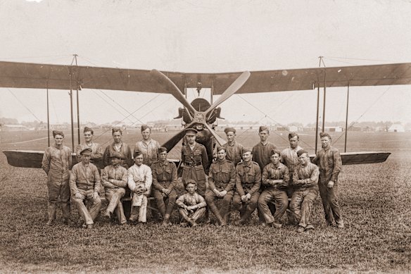 The men of 7th Training Squadron pose in front of an AFC aircraft at the Leighterton aerodrome in England’s Cotswolds during World War I.