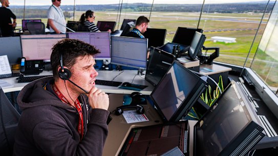 A controller in the tower at Melbourne.