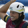 Jess Fox after crossing the finish line to win gold in Tokyo.