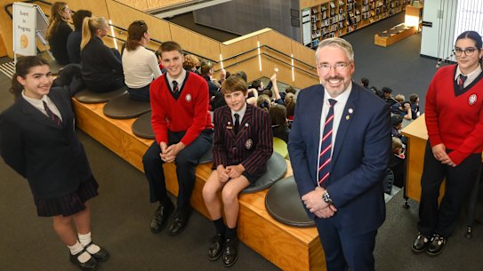 St Michael’s Principal Gerard Houlihan with students Chloe Theuma, Nicholas Parker, Harry Guttman and Raphaela Papas.