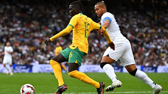 Garang Kuol impressed for the Socceroos against New Zealand.