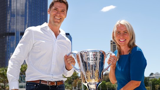 Simon Black and The Honourable Kate Jones MP (Queensland Minister for State Development, Tourism and Innovation) pose for a photograph during the 2020 AFL Grand Final Footy Festival.