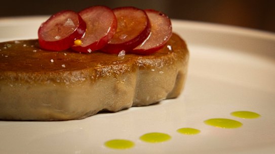 Vow’s “Forged Gras”, a cell-cultivate fois gras served with pickled grapes and a sea parsley oil.