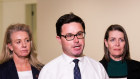 New Nationals leader David Littleproud - backed by Senator Bridget McKenzie (right) and the new party deputy Perin Davey -  at Parliament House after the vote on the leadership team.