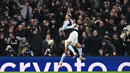 Morgan Rogers celebrates a goal for Aston Villa against Celtic.