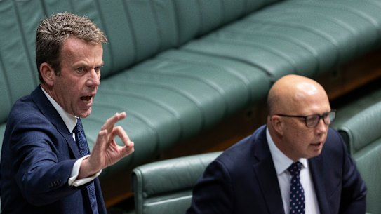 Shadow Minister for Immigration and Citizenship Dan Tehan and Opposition Leader Peter Dutton in parliament on Thursday. 
