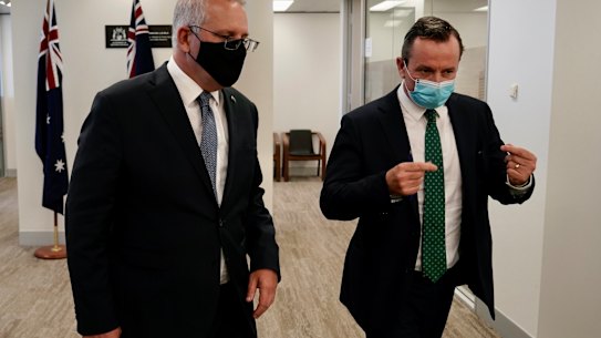 Prime Minister Scott Morrison holds a meeting with Western Australian Premier Mark McGowan at his office in Perth on March 17, 2022. Picture: Adam Taylor Scott Morrison and Mark McGowan meeting in Dumas House on March 17.