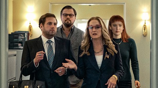 Ignoring the science: Jonah Hill, Leonardo DiCaprio as an astronomy professor and Jennifer Lawrence as a PhD student with Meryl Streep as the US president and Jonah Hill as her son and chief of staff in Don’t Look Up.