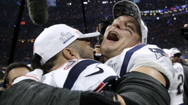 Dynasty: New England Patriots Kyle Van Noy, and Rob Gronkowski celebrate the Super Bowl victory.