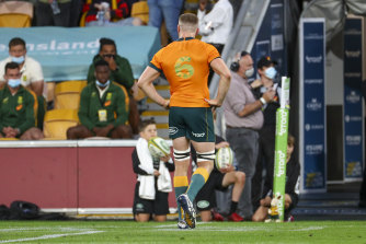 Australiaâs Lachlan Swinton leaves the field after he was shown a yellow card against the Springboks.