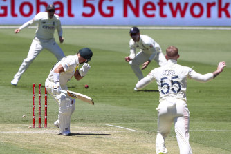 David Warner is bowled by Ben Stokes - but reprieved by a no-ball.