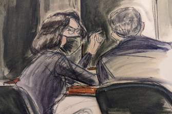In this sketch, Ghislaine Maxwell, seated left, speaks to her defence attorney Christian Everdell.