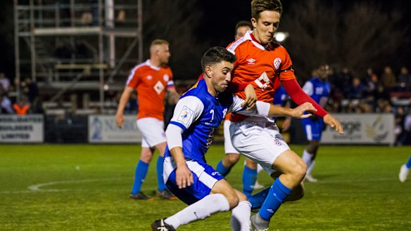 Canberra Olympic Matthew Waters and Canberra FC Matthew Grbesa, who could become teammates in a Canberra national second division side. 