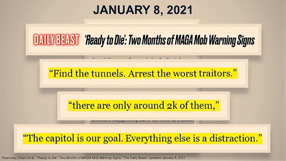 A slide of news media reporting shown to senators during the mpeachment trial.