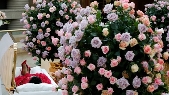 Aretha Franklin lies in her casket at the Charles H. Wright Museum of African American History in Detroit  in August.