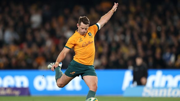 Bernard Foley kicks for goal in the Bledisloe Cup opener in Melbourne. 