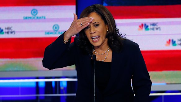 Democratic presidential candidate and California Senator Kamala Harris gestures during day two of the Democratic primary debate hosted by NBC News.