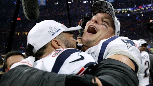Dynasty: New England Patriots Kyle Van Noy, and Rob Gronkowski celebrate the Super Bowl victory.