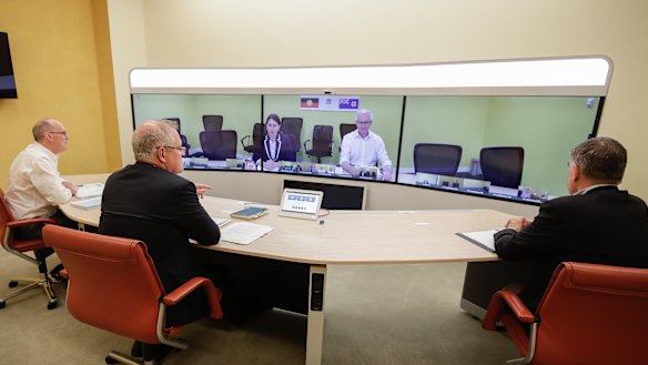 Prime Minister Scott Morrison speaks to NSW Premier Gladys Berejiklian in the national cabinet meeting on Sunday.