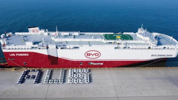 A symbolic gesture as vehicles bound for Melbourne are loaded onto the BYD-branded cargo ship.