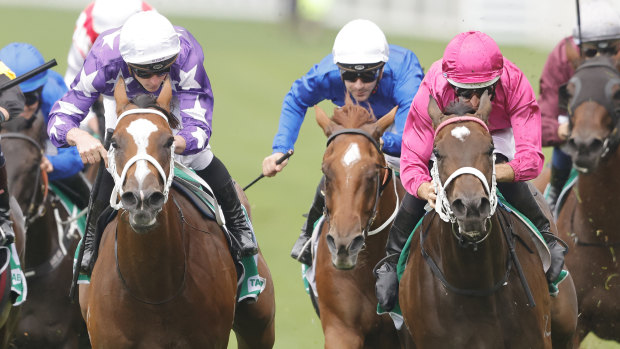 Fangirl (right) downs stablemate Espiona in the Light Fingers Stakes.