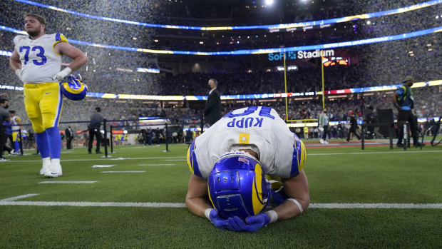 Star receiver Cooper Kupp reacts after the Rams defeated the Bengals to claim the Super Bowl on home turf.