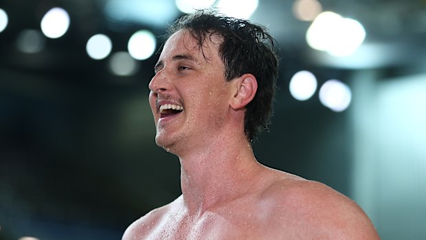 Cameron McEvoy celebrates winning the 50m freestyle at the Australian Swimming Championships in Brisbane. 