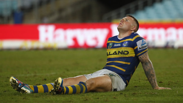 Down and out: Nathan Brown comes to terms with another Eels defeat.