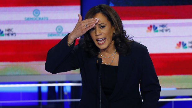 Democratic presidential candidate and California Senator Kamala Harris gestures during day two of the Democratic primary debate hosted by NBC News.