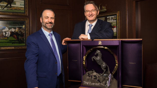 Big prize: Peter V'landys and Australian Turf Club CEO Darren Pearce with The Everest trophy.