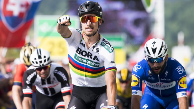 Peter Sagan wins stage two of the Tour de Suisse, with Canberra's Michael Matthews, left, fourth.