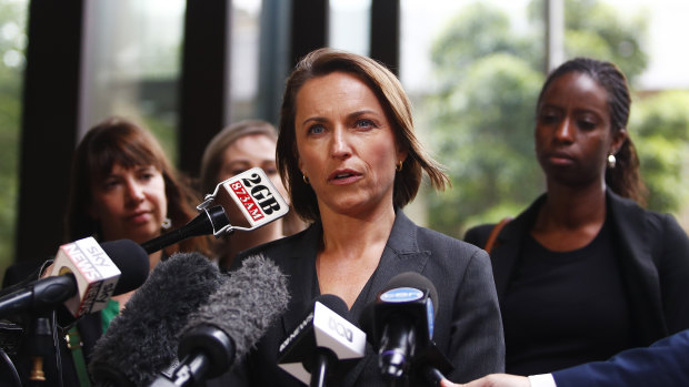 Class action principal at Maurice Blackburn, Rebecca Gilsenan, talks to the media in front of the Supreme court in Sydney.