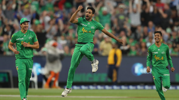 Haris Rauf of the Melbourne Stars celebrates his hat-trick during a Big Bash League match in early January. 