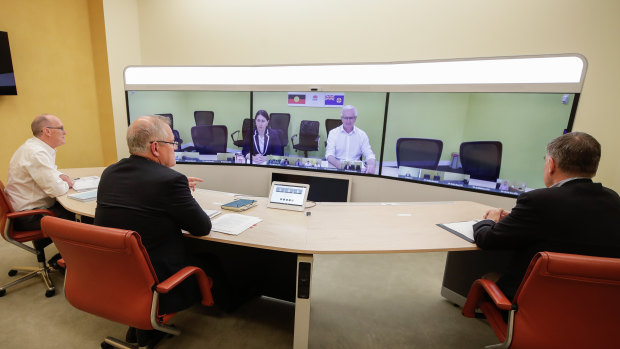 Prime Minister Scott Morrison speaks to NSW Premier Gladys Berejiklian in the national cabinet meeting on Sunday.