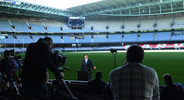 AFL CEO Gillon McLachlan at Friday's announcement at Marvel Stadium.