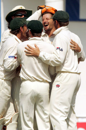Michael Kasprowicz celebrates a wicket during the 2004 India series.